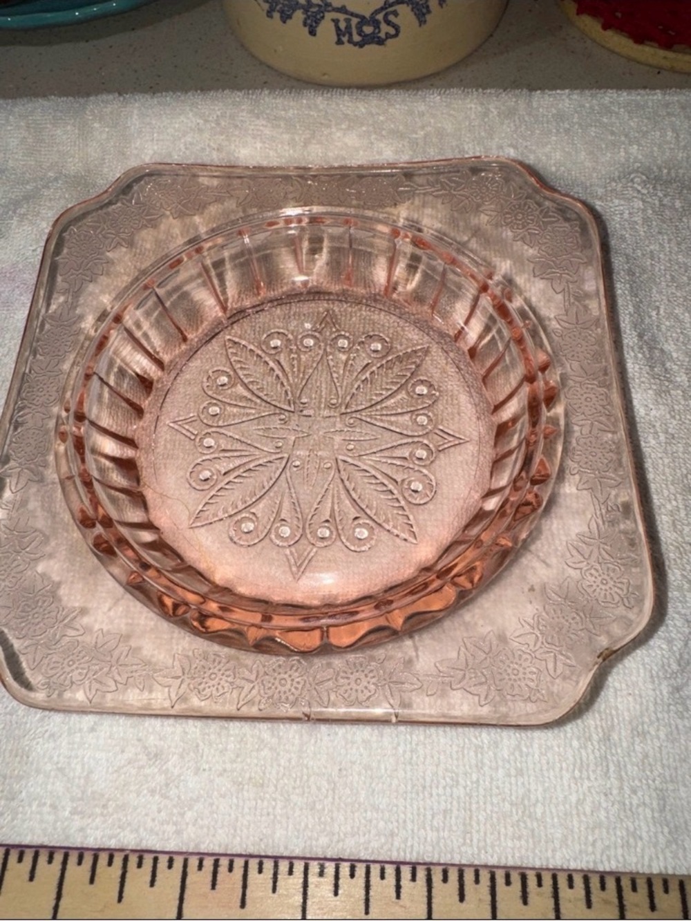 Pressed Pink Glass Serving Bowl with Matching Tray